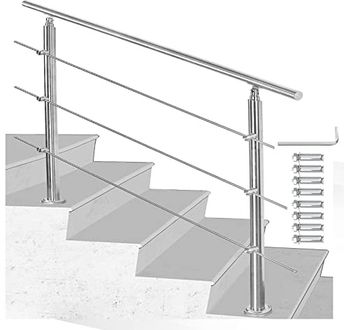 Joparri Barandilla para escaleras de acero inoxidable para exterior e interior, 120 cm, barandilla de balcón de 42 mm de diámetro, con 3 travesaños y accesorios, ángulo ajustable para escaleras,