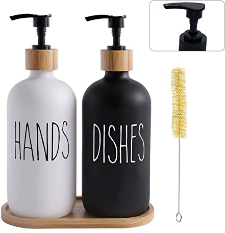 600ml Seifenspender, Glas Seifenspender Set, Seifenspender Glas für Badezimmer mit Tablett und Bürste, Nachfüllbarer Pumpspender für die Küche, Shampoo Lotion Handseifenspender für Arbeitsplatte