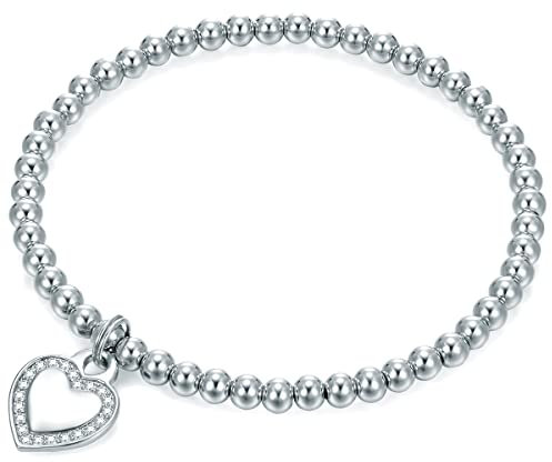 Lulu Jane Damen Kugelarmband Messing silber Zirkonia weiß Herz Modeschmuckarmband
