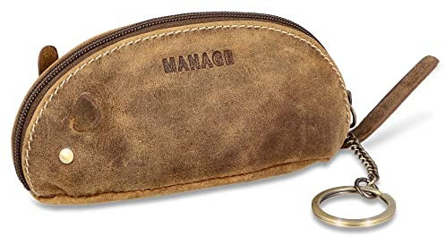 MANAGE Schlüsselmaus Schlüsseletui Braun aus Echtleder - Schlüsselanhänger Schlüsseltasche für Damen Herren Kinder - Gadget Schlüsselmäppchen Leder groß Geschenk keychain (Hunter Braun)