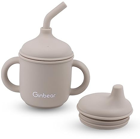 Ginbear 2-in-1 Sip-N-Straw Cup for Baby, Spill Proof Non-Toxic BPA Free Food Grade Silicone Training Transition Sippy Cup for Toddler 6 Months+ (Almond)