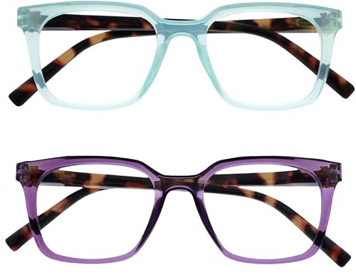 OPULIZE KOI Lunettes de Lecture Lot de 2 - Large Monture Rectangulaire - Violet/Turquoise - Hommes Femmes - Charnières à Ressorts - RR50-5Q - +3.50