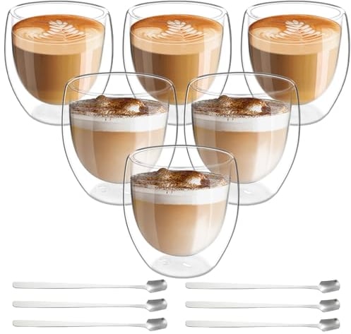 Verres à latte macchiato : lot de 6 tasses à expresso à double paroi de 80 ml avec 6 cuillères, tasses à cappuccino, tasses à café, café glacé, tasses à café glacé, tasses à café isotherme, tasses à