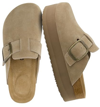 CUSHIONAIRE Women's Granola *Previous Buckle Issue Fixed* Genuine Suede Cork Footbed Platform Clog, +Comfort, Wide Widths Available, Khaki 11