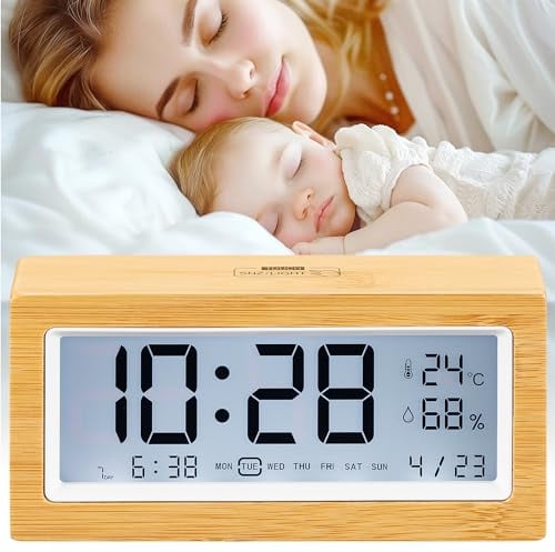 Navaris digitaler Wecker aus Bambus - Wecker Digital mit Temperaturanzeige & Datum - Tischuhr mit Snooze - Holzwecker mit LED-Anzeige - Ideal für Nachttisch und Büro