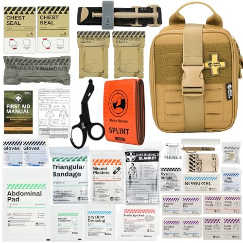 RHINO RESCUE IFAK, Erste-Hilfe-Kit, Trauma Notfallversorgung Taktische mit Chest Seal, Gaze und Bandage für Jagd, Camping, Reisen (Khaki PRO)