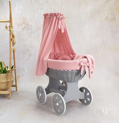 Moseskorb grau mit Gestell und Matratze mit Baldachin und Bettwäsche (Rosa)