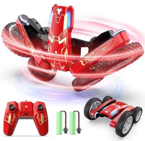 DEERC Remote Control Car - Double Sided Mini RC Stunt Car, 360°Rotating 4WD Off-Road RC Cars with Headlights 2.4Ghz Indoor/Outdoor Rechargeable Toy Car for Boys Age 4-7 8-12 Birthday Xmas Gift