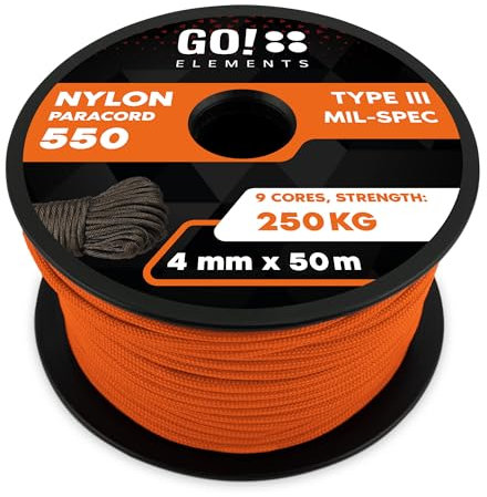 GO!elements 50m Paracord de Nylon a Prueba de desgarros - 4mm Paracord 550 Typo III Cuerda - Adecuado como Cuerda Yute & Cuerda Gruesa | MAX. 250kg, Color: Naranja