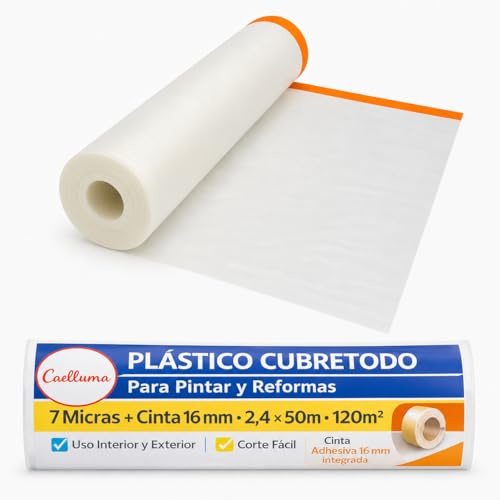 Plástico Cubretodo con Cinta 2,4x50 m, 7 Micras para Pintar Paredes, Obras | Rollo protector transparente con cinta integrada de 16 mm para cubrir paredes, puertas y ventanas durante pintura y reformas