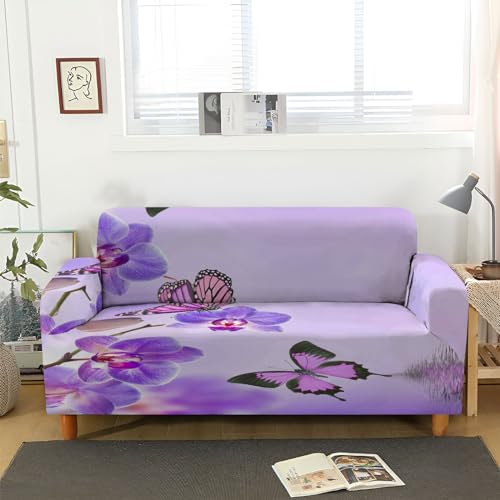 ACSMCQ Sofa Bezug 1 2 3 4 Sitzer Lila Orchideenschmetterling Couchbezug Stretch Schonbezug Universal Sofahusse für Armlehnen Sofa Abdeckung Spandex Polyester Antirutsch Sofa Überzug