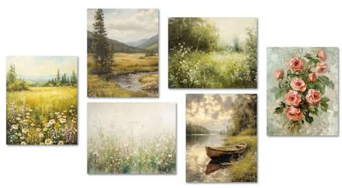 NymphFable Vintage Französisch Land Wanddekor Poster Rustikale Landschaft Leinwand Poster für Bauernhaus Wohnzimmer Schlafzimmer 8x10 in Unframed Set von 6