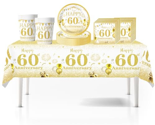 41Pcs White Gold Happy 60th Birthday Party Tableware Plastic Table Cloth,7inch Paper Plates,Cups,Napkins for Man Women Birthday Table Decorations Disposable Party Tableware Set for 60th Birthday Party