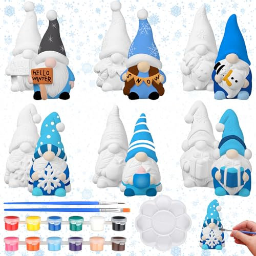 CroBlissful 6 Sets Winter Gnome Paint Your Own Ceramic Statues Ready to Paint Winter Gnome Figurines Unpainted Plaster Arts and Crafts with Brush Palette Paint for Adults Christmas Winter Decor