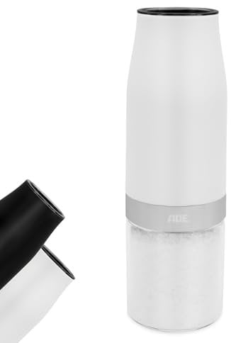 ADE Salzmühle elektrisch mit Kippsensor | Pfeffermühle mit Keramikmahlwerk | Gewürzmühle | stufenlos einstellbar | Salz, Pfeffer, Chili, getrocknete Kräuter | Kräutermühle | mit Beleuchtung | weiß