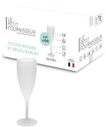 LPF LE PETIT FOURNISSEUR - Lot de 100 Flûtes à champagne réutilisables 12cl (15cl max) - Polypropylène plastique alimentaire - Verre à champagne durable - Compatible lave-vaisselle - Couleur givrée