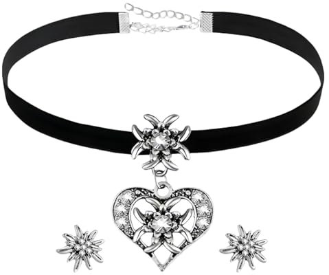 JOZMMZEOOA 3 Stücke Schmucksets für Damen,Schwarz Strass Edelweiß Herz Anhänger und Ohrstecker Damen Schmuck Oktoberfest Dirndl Accessoires Ohrringe Damen Accessoires,für Oktoberfestkonzert