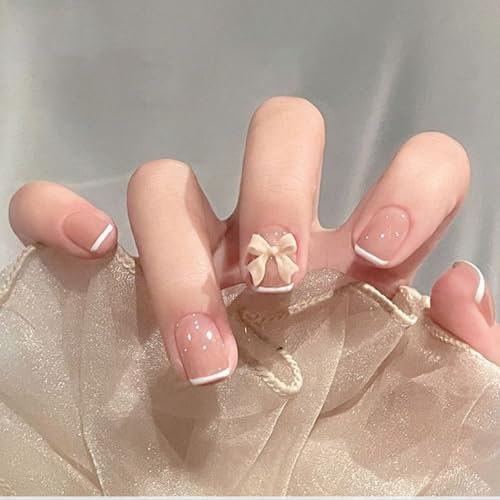 24PCS Short Press-On Nails with 3D Bow, Square French Fake Nails, Elegant Stick-On False Nails for Women, DlY Nail Art for Parties and Daily Wearbie