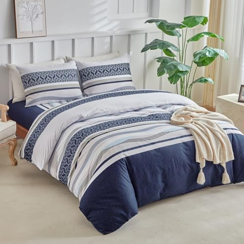 Tokokimo Parure de Lit 160 x 200 4 Pièces Housse de Couette 240x260 cm + Drap Housse 160x200 cm avec 2 Taies d'oreillers 65x65 cm en Microfibre, Design Bohémien, Bleu Marine Rayures