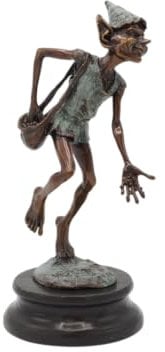 Generisch Bronze-Skulptur Kobold mit Tasche | auf einem Bein | auf einem Sockel | 13x12x27cm | Koboldfigur aus Bronze | handgefertigt