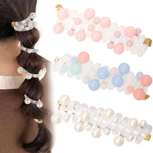 SmallCat 3PCS Spiral Hair Ties with Beads, Pearl Phone Cord Shape Hair Bands, Elastic Rubber Ponytail Holders for Women, No Crease Hair Accessories for Long Curly Hair - Colorful, Pink, White Beads