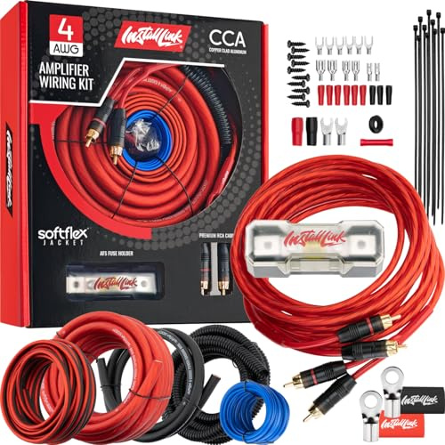 Install Link 4 AWG Gauge Car Amp Wiring Kit, for Car Audio (CCA) | 17ft Power, 3ft Ground Cable, Speaker Cable, RCA Cables, AFS Fuse Holder + 100A Fuse, Ring/Fork Terminals, Heat Shrink