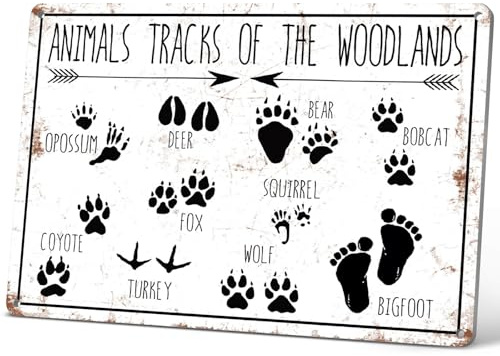HYBLOM Animal Tracks of Woodland Nursery Sign, Log Cabin Decor, Forest Hunting Decor, Wildlife Wall Art for Boys Room, Vintage Tin Signs for Lodge Bathroom 12x8 Inch