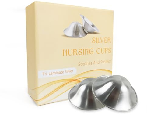Momlacto The Original Silver - Coppe per allattamento al seno, protezione per capezzoli per allattamento al seno, accessori essenziali per l'allattamento al seno, trilaminato argento 999 (grande (5,5