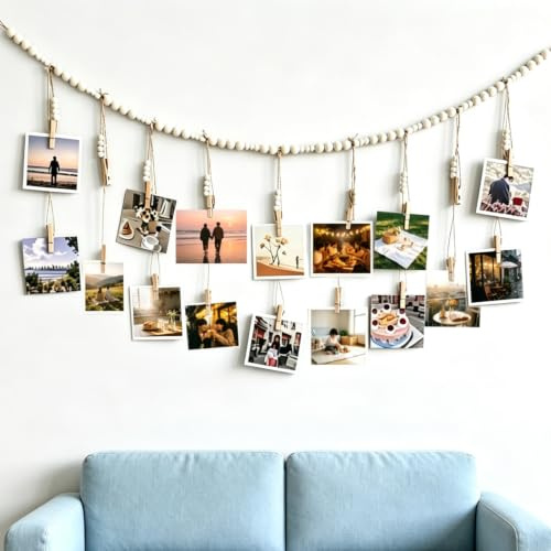 TILONKJ Cordón para Fotos con Pinzas de Madera, para Colgar Postales Fotográficas Marcos, Marco de Fotos DIY Decoración de Pared, Ideas para Colgar Fotos Cortina Fotográfica para Colgar con 18 Pinzas