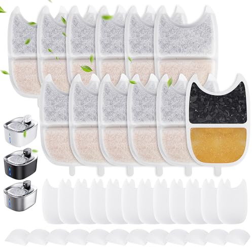 Filtres pour Fontaine, Lot de 12 Filtre Fontaine Eau Chat et 24 Mousses avec Résine et Charbon Actif pour Fontaine à Eau Chat 4L sans Fil pour FEELNEEDY pour YPD-C004