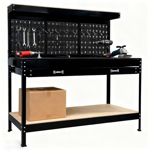 SwitZer Heavy-Duty Metal Workbench for Garage, Workshop Table with Pegboard, Top Shelf, Drawer & Lower Storage Shelf, Steel Frame Utility Work Table for DIY, Tools & Repair