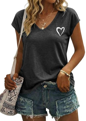 Gyabnw Tee Shirt Femme Col V Manches Courtes Imprimé Cœur | Petit cœur imprimé, Coupe décontractée, Tissu léger, Basique casual pour quotidien et loisirs