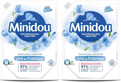 Assouplissant Linge MINIDOU Vent de Fraîcheur 1L - 50 Lavages | Élimine les Odeurs Désagréables et Laisse un Parfum Frais Durable | Compatible avec Tous les Types de Vêtements (Lot de 2)