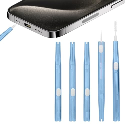 ACKKOR Kit de Limpieza 5 Piezas para Puerto de Carga, Mini Limpiador Doble Cara con cerdas y Gancho, Kit USB-C para móvil, Auriculares y Altavoz (Azul)