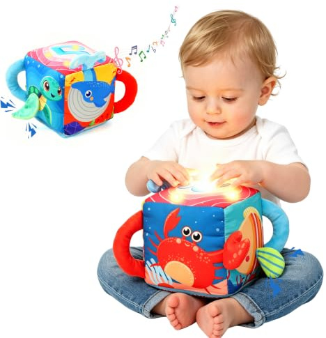 LZDMY Babyspielzeug ab 6 Monate - Motorikwürfel mit Musik & Licht | Interaktives Montessori Sensorik Spielzeug für 6-12 Monate, Musikspielzeug ab1 Jahr mit Knisterpapier, Geschenk Mädchen Junge