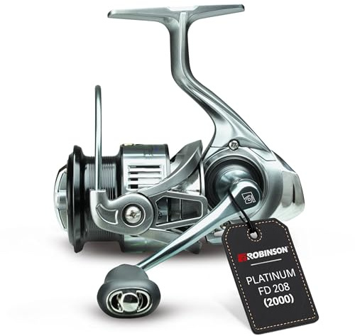 Robinson Angelrolle mit 8 Kugellagern | Spinnrolle mit Rücklaufsperre | 7+1 Kugellager mit Rücklaufsperre · Leichtes Graphit-Alu-Gehäuse · 8 kg Frontbremse · Titannitrid-Schnurlaufröllchen · 325 g