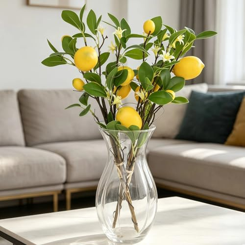 QEEYON 2PCS Artificial Lemon Branches 48cm Tall, 16 Heads Yellow Fake Lemons Stems Faux Lemon Decorations for Home Kitchen Farmhouse Summer Party Decor