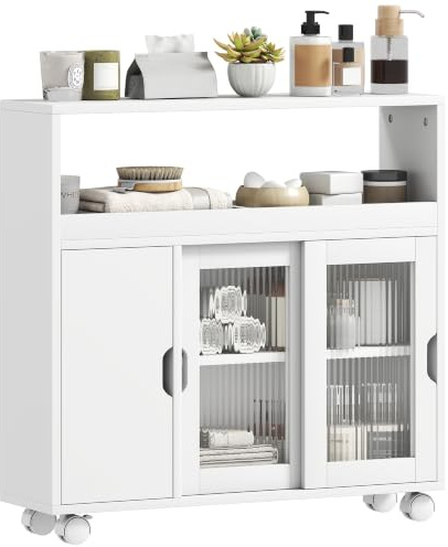 HOMCOM Schmaler Badschrank, Rollen, Schiebetüren 71x20x70 cm Weiß | Gehärtetes Glas platzsparender Badschrank, verstellbare Regale, für Ess-/Wohnzimmer & Küche