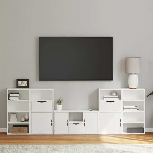 SooIarix 5-TLG Wohnwand Weiß aus massivem Kiefernholz mit Stauraum TV Schrank Sideboard Wohnzimmer TV Board Fernsehtisch vielseitig und stabil