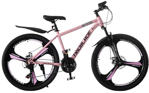 LSBIKE 24/26/27.5 Zoll Erwachsener Mountainbike, 21 Gang Schaltung Antriebssystem, Hardtail MTB mit Stoßdämpfer, Scheibenbremsen, Kohlenstoffstahl Fahrrad Allterrain Mountain Bike (Rosa, 24 Zoll)