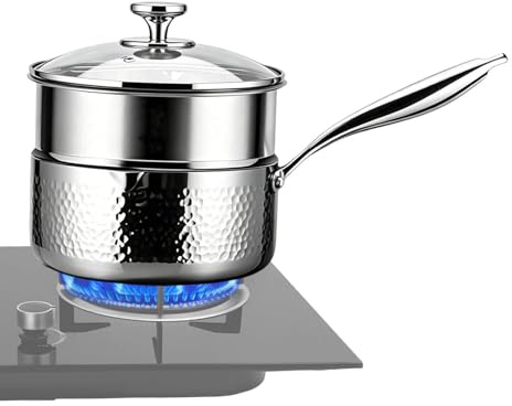 Casseruola in acciaio , padella martellata 316 da 16 cm, padella antiaderente senza rivestimento, coperchio con doppio beccuccio basculante, include griglia per vaporiera, finitura oro argento