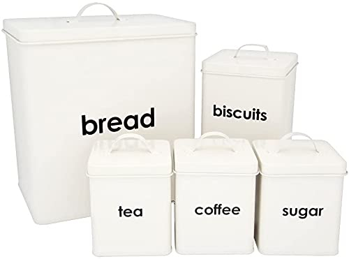 Denny International® 5 Piece Kitchen Storage Includes Bread Bin Biscuit Tea Coffee Sugar Caddy Tins Containers Canister Storage Jars Pots Set (Cream)