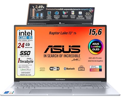 ASUS Notebok Vivobook OLED Display 15.6 1920X1080, Intel Core I5-13500H, 12Core, 24Gb DDR4, SSD 1 Tb, WIN 11, WIFI 6, WEBCAM, USB3.2, HDMI,BT5.3, Tastiera retroilluminata, Preconfigurato