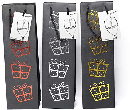 EVG 6 Pack Premium Black Wine Gift Bags with Gift Tag and Handles - Presents Design – Wine Bottle Carrier for Weddings, Anniversary, Birthdays, Special occasions, H: 39 cm x W: 12 cm x D: 9 cm