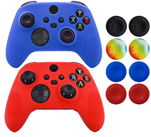 Skin for Xbox Series Controller,Hikfly Cover Compatible with Xbox Series X/S Controller Grips Case Non-Slip Studded Silicone Controller Cover x2 with 8pcs Thumb Grips Caps(Red,Blue)