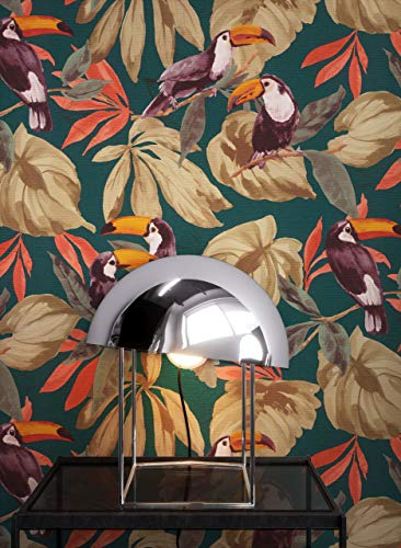 NEWROOM Papier peint Coloré Jungle Intissé - Tropical Beige Rouge Feuilles Toucan Floral