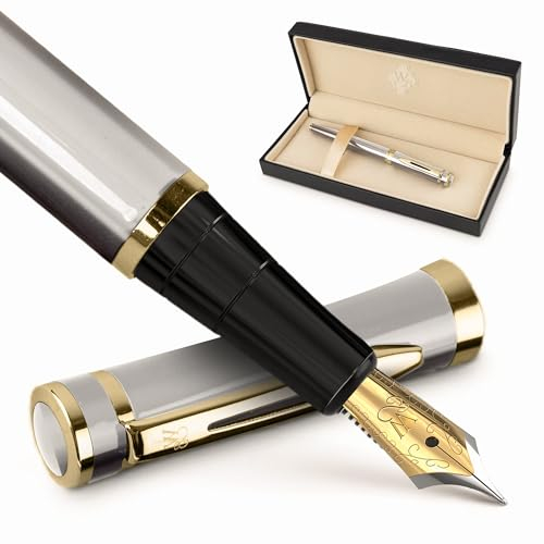 Wordsworth & Black Füllfederhalter Set, mittlere Spitze, inklusive 6 Tintenpatronen und Kolbenkonverter, Geschenkbox, Kalligraphie, glattes Schreiben, Silber-Gold