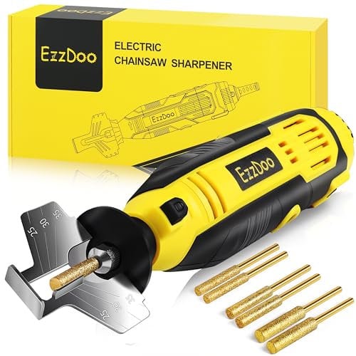 EzzDoo Kit affilacoltelli elettrico per motosega con punte diamantate placcate in titanio, strumento per affilare motosega ad alta velocità e 6 ruote ad alta durezza per tutte le catene di motosega