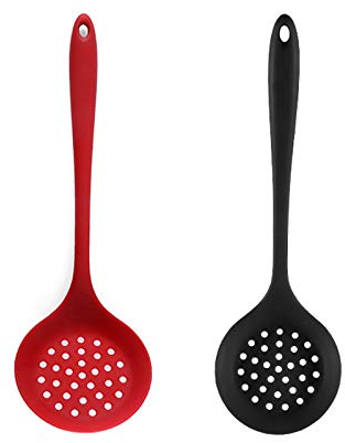 Juego de 2 cucharas de silicona antiadherentes, con mango largo, color rojo y negro
