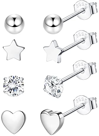 LOLIAS 4 Paar massive 925 Sterling Silber Ohrstecker Set für Damen Herren Winzige Kleine Kugel Herz Stern Zirkonia Ohrringe Hypoallergen Knorpel Helix Ohrpiercing Ohrringe